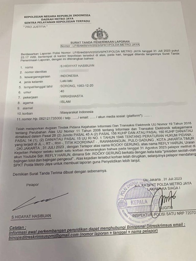 Laporan polisi terhadap Rocky Gerung dan Refly Harun. Foto: Dok. Istimewa