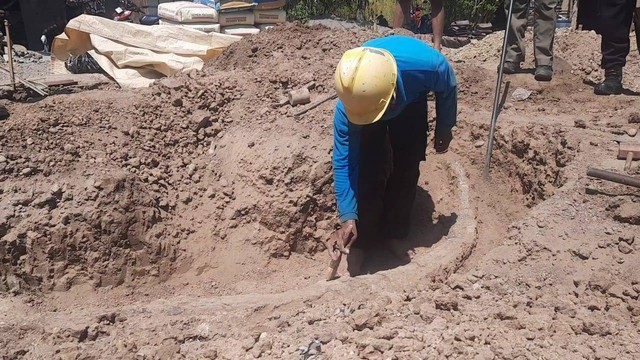 Petugas menggali tanah yang berisi Fosil Gading Gajah Purbakala Berusia 800 Ribu Tahun yang Ditemukan di Sragen. Foto: Dok. Istimewa
