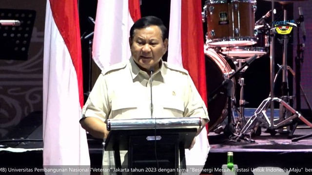 Menteri Pertahanan Indonesia Prabowo Subianto menghadiri UPN Veteran Jakarta. Foto: YouTube
