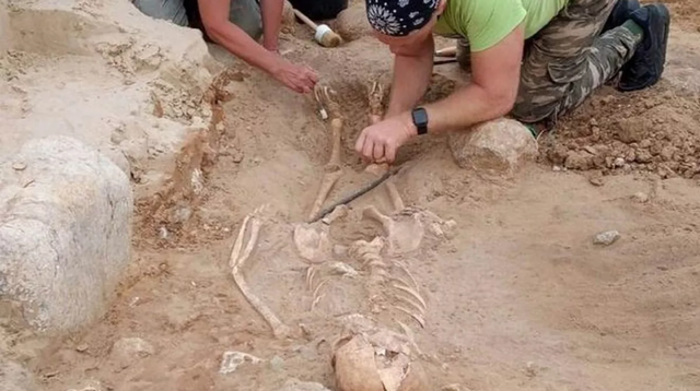 Anak itu dimakamkan telungkup di kuburan pada abad ke-17, dengan gembok besi mungkin di salah satu jari kakinya. Wojciech Milek/NCU Foto: Wojciech Milek/NCU