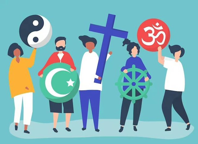 People holding diverse religious symbols illustration. Sumber: Freepik