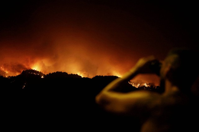 Pemandangan menunjukkan kebakaran di pegunungan di desa La Victoria di pulau Tenerife, Kepulauan Canary, Spanyol, Sabtu (19/8/2023).  Foto: Nacho Doce/REUTERS