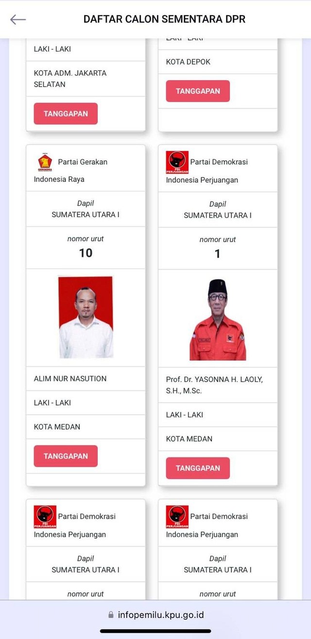 Sejumlah menteri pemerintahan Joko Widodo terdaftar di daftar calon sementara (DCS) KPU untuk pemilihan legislatif 2024 mendatang. Foto: infopemilu.kpu.go.id 