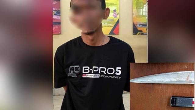 Pelaku penikaman seorang remaja di Kota Manado dan senjata tajam yang digunakannya. (foto: humas polresta manado)