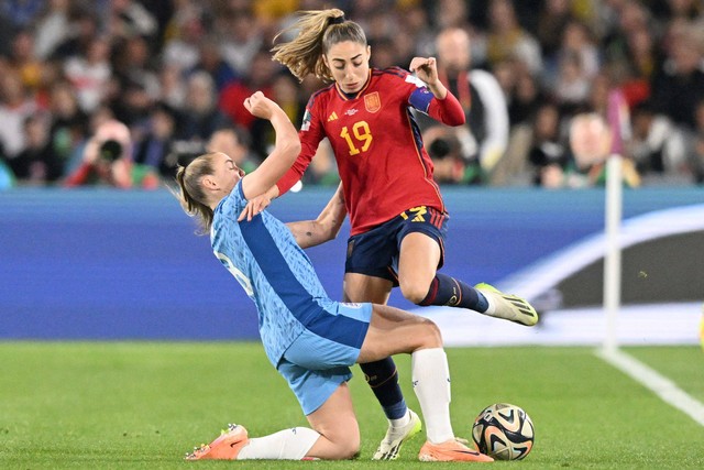 Pemain Timnas Wanita Spanyol Olga Carmona saat melawan Timnas Wanita Inggris pada pertandingan final Piala Dunia Wanita 2023 di Stadion Australia, Sydney, Australia, Minggu (20/8/2023).  Foto: Izhar KHAN / AFP