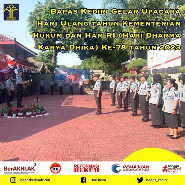 Bapas Kediri Gelar Upacara Hari Ulang tahun Kementerian Hukum dan Ham RI (Hari Dharma Karya Dhika Ke-78 tahun 2023) (Foto:HumasRupMoker)