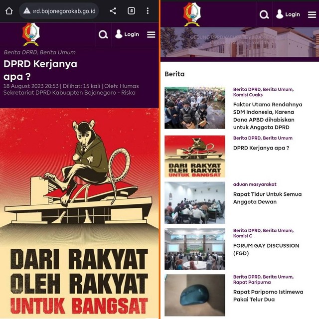 Tangkapan layar laman website DPRD Bojonegoro yang sempat diretas. Minggu (20/08/2023)