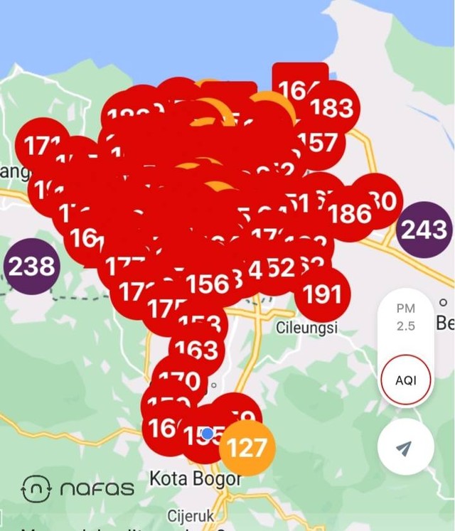 Polusi tinggi tetap mengepung Jabodetabek pada Selasa, 22 Agustus 2023. Foto: Dok. Apps Nafas Indonesia