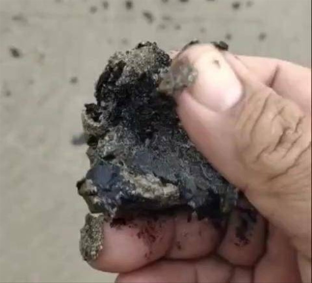 Limbah hitam menyerupai aspal berceceran di Pesisir Pantai Lampung. | Foto: Istimewa