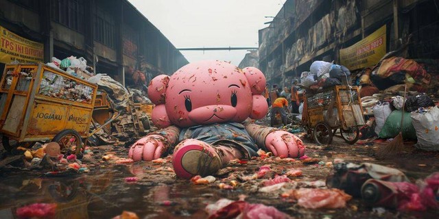 Foto kecerdasan buatan (AI) boneka di tumpukan sampah bertajuk 'Jogja Ora di-Doll' karya Cak Ncop. Foto: Cak Ncop