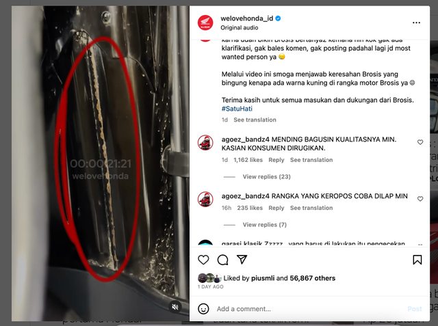 Klarifikasi AHM soal rangka motor karatan. dok. Instagram welovehonda