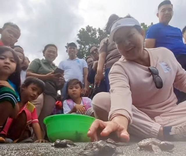 Bupati Kepulauan Sitaro, Evangelian Sasingen bersama anak-anak TK Pembina Siau Barat saat melepas puluhan ekor tukik penyu.