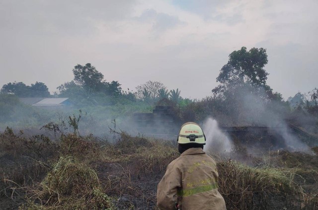 BPBD Kabupaten Tangerang memadamkan lahan yang terbakar akibat pembakaran sampah.  Foto: BPBD Kab Tangerang