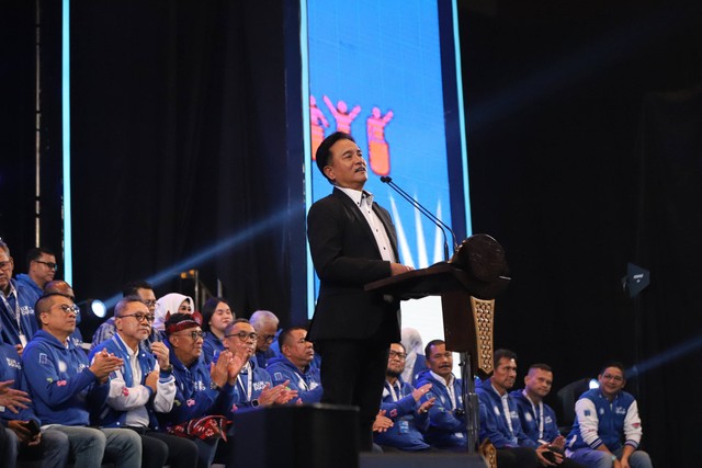 Yusril Ihza Mahendra di acara Pembukaan Bimtek dan Perayaan HUT PAN ke 25 di Hotel Sultan Jakarta, Senin (28/8/2023). Foto: Fitra Andrianto/kumparan