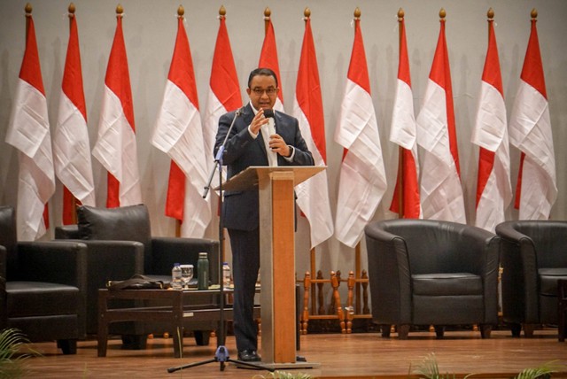 Bacapres Anies Baswedan menghadiri Kuliah Kebangsaan di FISIP Universitas Indonesia, Selasa (29/8/2023). Foto: Jamal Ramadhan/kumparan