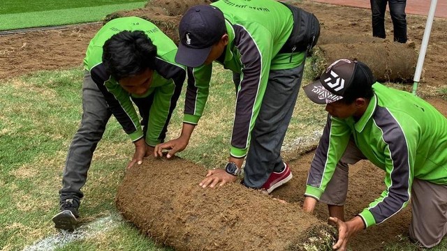 Rumput Jakarta Internasional Stadium mulai diganti untuk perhelatan Piala Dunia U-17, Selasa (29/8).  Foto: Dok: Jakpro