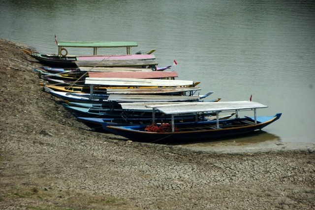 Sejumlah perahu nelayan bersandar di pinggir Waduk Cacaban yang airnya mulai menyusut di Desa Karanganyar, Kabupaten Tegal, Jawa Tengah, Selasa (29/8/2023).  Foto: ANTARA FOTO/Oky Lukmansyah