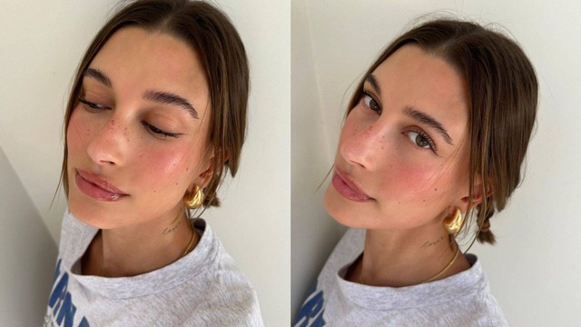 Hailey Bieber dengan tampilan strawberry makeup. Foto: Instagram/haileybieber