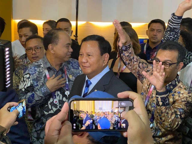 Prabowo Subianto di media center KTT ke-43 ASEAN, JCC, Jakarta, Kamis (7/9). Foto: Melisa Lolindu/kumparan