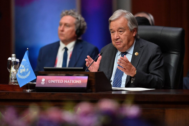 Sekjen PBB Antonio Guterres menyampaikan pandangannya dalam KTT ke-13 ASEAN-PBB di Jakarta, Kamis (7/9/2023). Foto: Akbar Nugroho Gumay/ANTARA FOTO