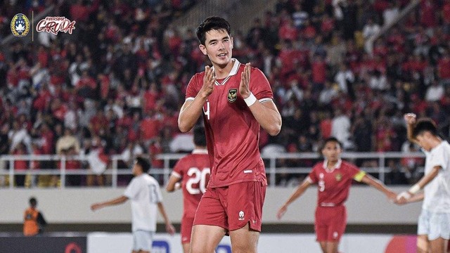 Elkan Baggott usai mencetak gol dalam pertandingan Timnas U-23 Indonesia vs Taiwan di babak grup Kualifikasi Piala Asia U-23 2024 di Stadion Manahan, Solo, pada Sabtu (9/9). Foto: Instagram/@timnas.indonesia