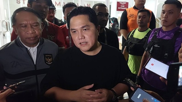 Ketum PSSI Erick Thohir ditemui wartawan usai laga Timnas U-23 Indonesia. Foto: kumparan