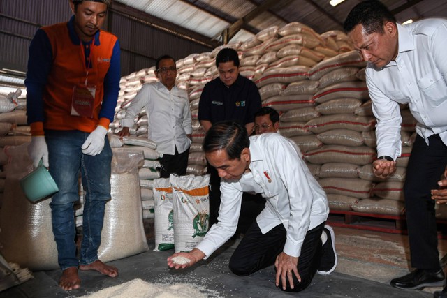 Presiden Joko Widodo (kedua kanan) didampingi Menteri BUMN Erick Thohir (ketiga kiri), Mensesneg Pratikno (kedua kiri) dan Dirut Perum Bulog Budi Waseso (kanan) mengecek kondisi beras di Gudang Bulog Dramaga, Kabupaten Bogor, Jawa Barat. Foto: Sigid Kurniawan/Antara Foto
