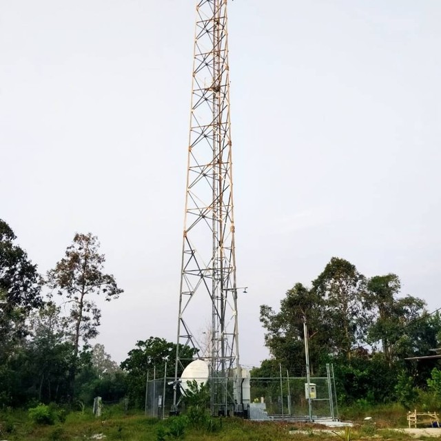 Tower BTS di Desa Sabuai Timur, Kecamatan Kumai, Kabupaten Kotawaringin Barat, Kalimantan Tengah. Menara seluler ini dibangun melalui program BAKTi di tahun 2022. Foto: Pemdes Sabuai Timur/InfoPBUN