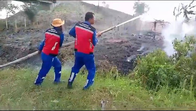 Petugas saat melakukan upaya pemadaman kebakaran lahan di dekat jalan tol. | Foto : Dok. Hutama Karya