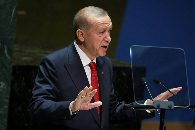 Presiden Turki Erdogan berpidato pada Sesi ke-78 Majelis Umum PBB di New York City, AS, 19 September 2023. Foto: Brendan McDermid/REUTERS