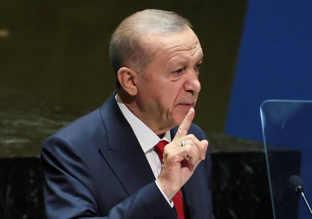 Presiden Turki Erdogan berpidato pada Sesi ke-78 Majelis Umum PBB di New York City, AS, 19 September 2023. Foto: Brendan McDermid/REUTERS