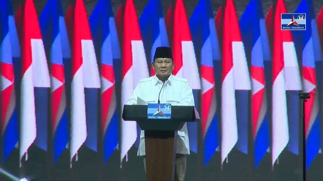 Bacapres Koalisi Indonesia Maju Prabowo Subianto menyampaikan sambutan di Rapimnas Partai Demokrat di JCC Senayan, Kamis (21/9/2023). Foto: Youtube Partai Demokrat