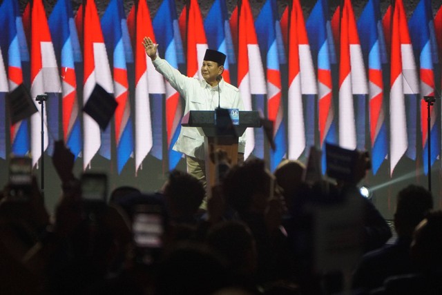 Bacapres Koalisi Indonesia Maju Prabowo Subianto menyampaikan sambutan di Rapimnas Partai Demokrat di JCC, Senayan, Jakarta, Kamis (21/9/2023). Foto: Iqbal Firdaus/kumparan