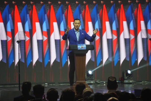 Ketum Partai Demokrat AHY menyampaikan pidato di Rapimnas Partai Demokrat di Jakarta, Kamis (21/9/2023). Foto: Iqbal Firdaus/kumparan