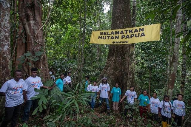 foto bersama peserta di bawa pohon merbau. foto : alif/greenpeace indonesia