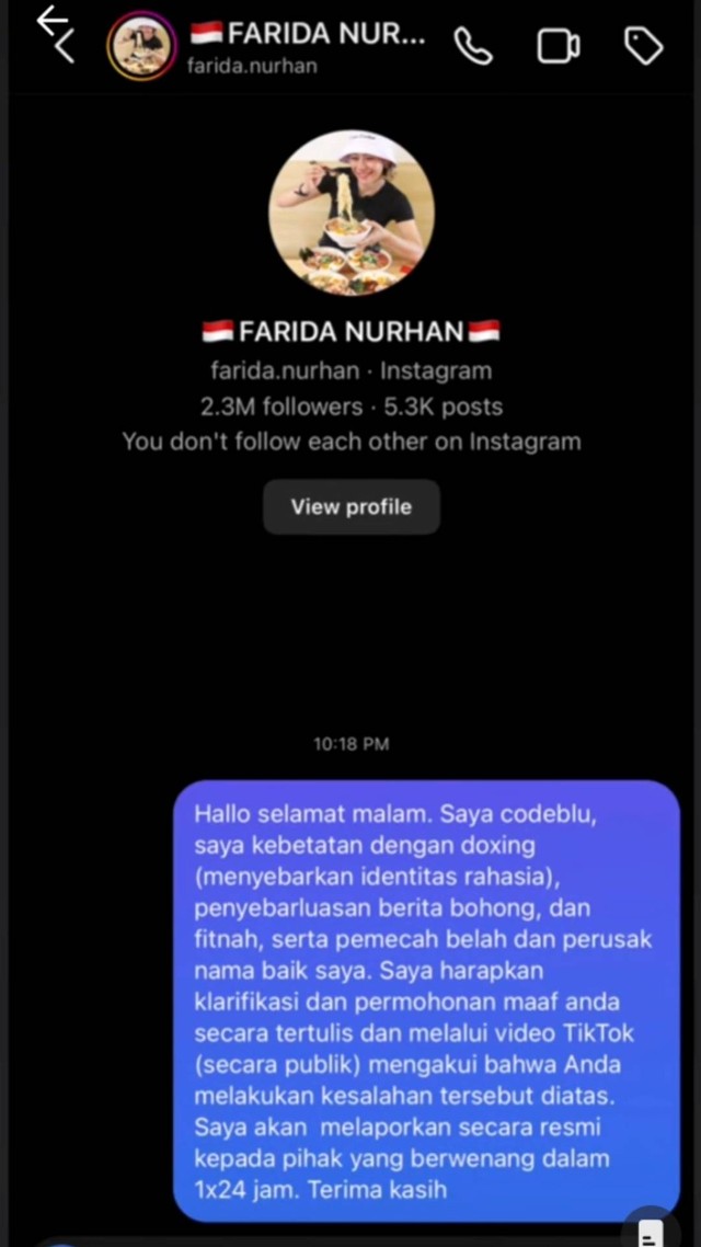 Food vlogger Codeblu layangkan peringatan kepada Farida Nurhan melalui DM Instagram. Foto: Instagram/@farida.nurhan