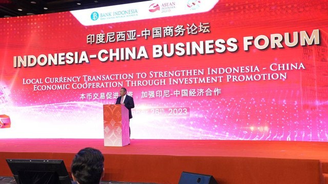Gubernur Bank Indonesia Perry Warjiyo dalam Indonesia-China Business Forum, Selasa (26/9/2023). Foto: Bank Indonesia