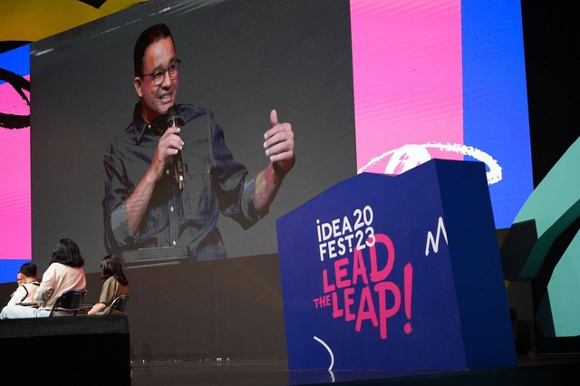 Bacapres Anies Baswedan menjadi pembicara dalam acara Youth Summit Ideafest 2023, di JCC, Jakarta, Sabtu (30/9/2023). Foto: Dok. Istimewa