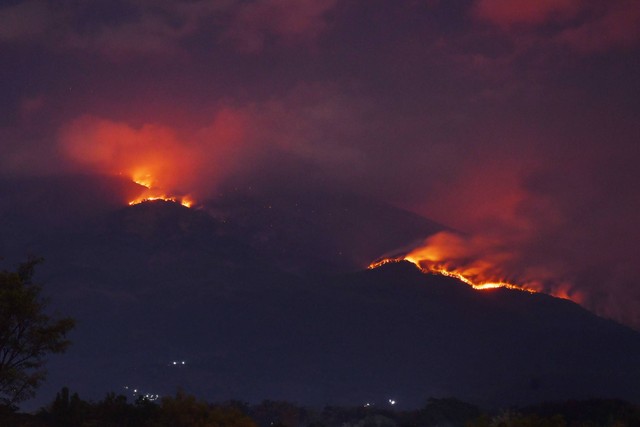 Sejumlah titik api di Gunung Lawu terlihat dari Panekan, Magetan, Jawa Timur, Sabtu (30/9/2023). Foto: Siswowidodo/ANTARA FOTO