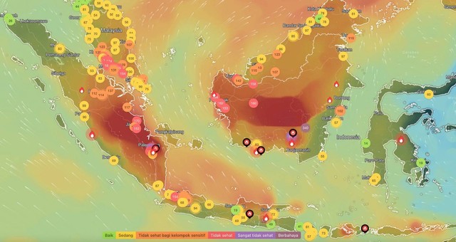 Kualitas udara (AQI) di Kalimantan dan Sumatera pada 3 Oktober 2023, pukul 15.00 WIB. Foto: IQair