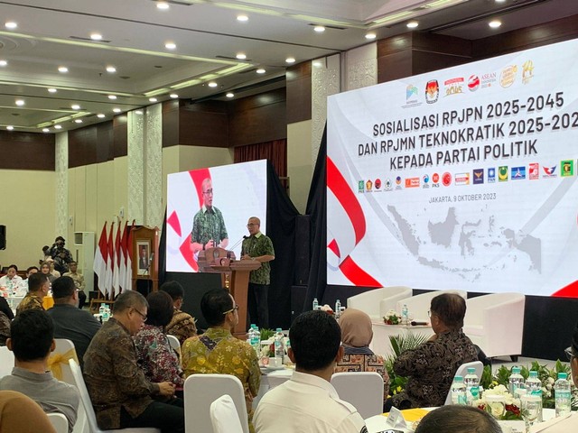 Suasana acara Sosialisasi RPJPN 2025-2045 dan RPJPMN Teknokratik 2025-2029 di Kantor Kementerian PPN/Bappenas, Jakarta, Senin (9/10/2023).  Foto: Luthfi Humam/kumparan
