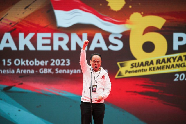 Ketum Projo, Budi Arie di acara Rakernas Projo ke-VI di Indonesia Arena, GBK, Jakarta, Sabtu (14/10/2023).
 Foto: Aditia Noviansyah/kumparan