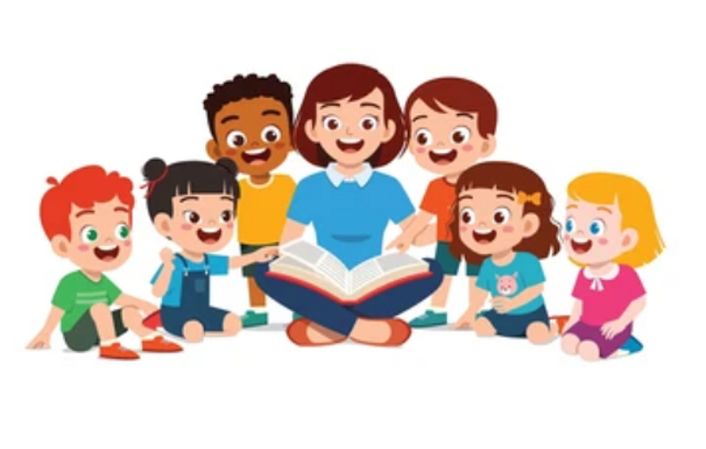 Sumber: https://www.shutterstock.com/id/image-vector/teacher-read-story-book-while-student-2187842363
