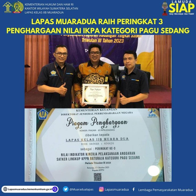 Lapas Muaradua Raih Peringkat 3 Penghargaan Nilai IKPA Kategori Pagu ...