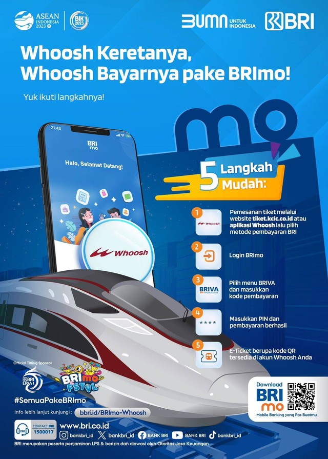 BRI memastikan para nasabah bisa memesan tiket kereta cepat di aplikasi Whoosh atau website kcic.co.id dengan memilih pembayaran BRI dan kemudian menggunakan super app BRImo untuk menyelesaikan transaksinya. dok, BRI