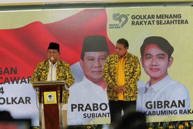 Prabowo memberikan sambutan di Rapimnas Partai Golkar, Sabtu (21/10). Foto: Aditia Noviansyah/kumparan
