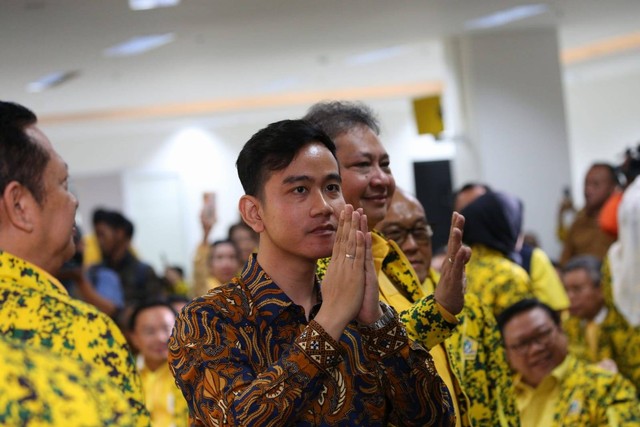 Gibran Rakabuming Raka hadir di Rapimnas Partai Golkar, Jakarta, Sabtu (21/20/2023). Foto: Aditia Noviansyah/kumparan
