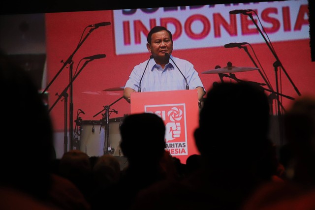 Ketua Umum Partai Gerindra Prabowo Subianto memberikan sambutan saat Deklarasi PSI mendukung pasangan Prabowo Subianto dan Gibran Rakabuming Raka di Djakarta Theater, Jakarta, Selasa (24/10/2023). Foto: Jamal Ramadhan/kumparan