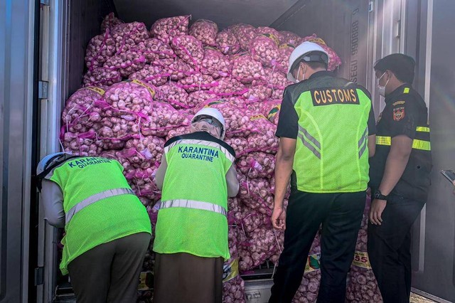 Joint inspection antara Karantina Pertanian Makassar dan Bea Cukai Makassar untuk komoditas Bawang putih, Makassar, 7 Oktober 2021. dok, Kemenkeu