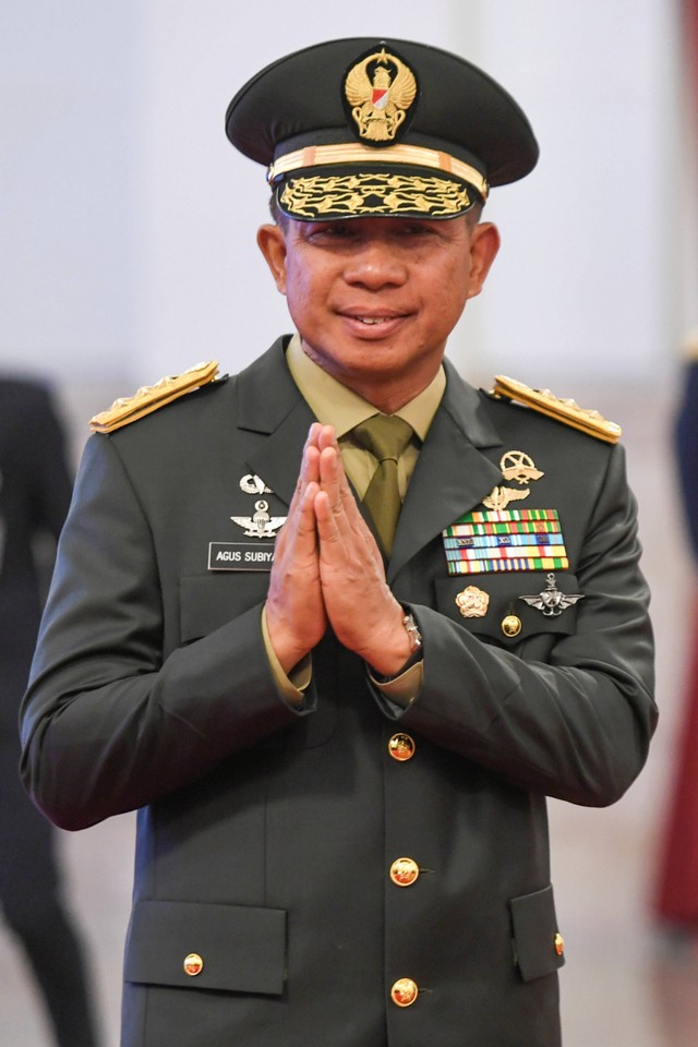 Agus Subiyanto saat hendak dilantik menjadi KSAD di Istana Negara, Jakarta, 25 Oktober 2023. Foto: Hafidz Mubarak A/Antara